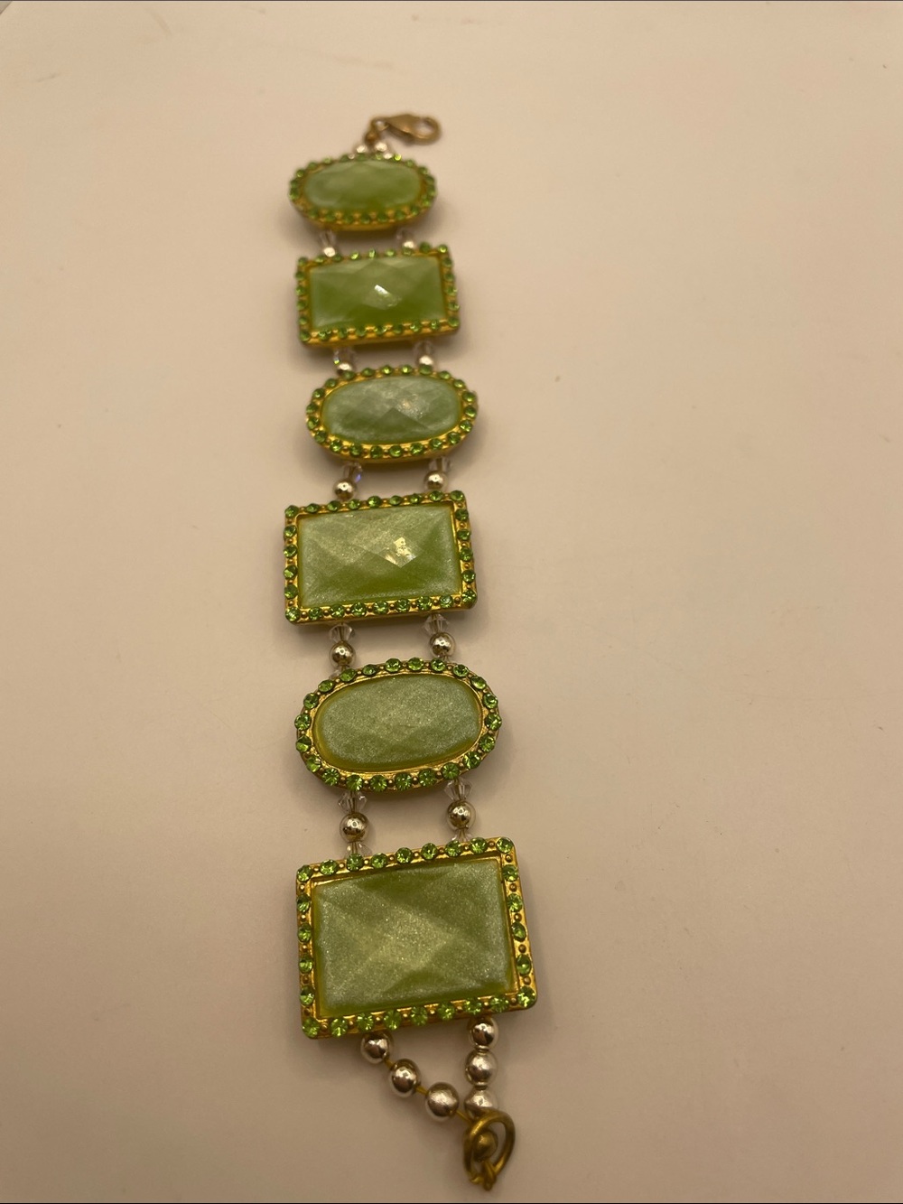 Light Green Faceted Stone Link Bracelet w/ Lime Rhinestones Size 8